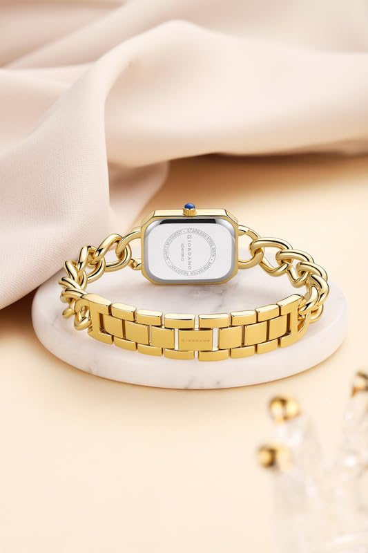 Image of Giordano Elegant Watch for Women with Gloss Sunray Dial, Quartz Movement, Rectangular Case, Stainless Steel Chain Strap and Blue Crown Accent