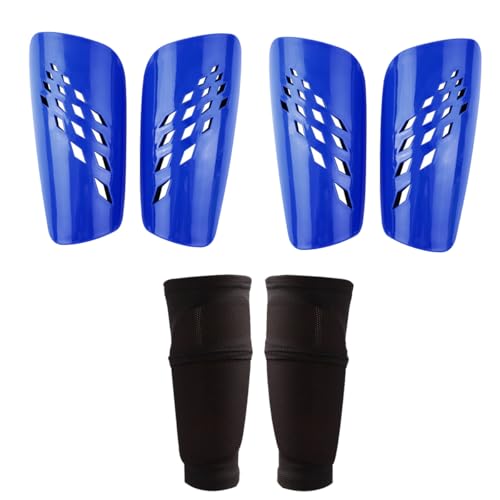FIBOGOUP 2 pares de espinilleras de fútbol – con bolsillo optimizado – Medias antideslizantes – Espinilleras infantiles (azul L)