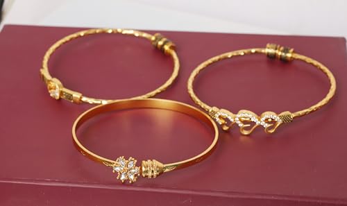 Image of Touchstone Indian Bollywood Handcrafted Engraved Etched Floral Round Rhinestones Cubic Zirconia CZ Designer Jewelry Openable Elegant Gold Plated Bracelets Combos for Women