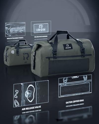 BORLENI Waterproof Motorcycle Dry Duffel Bag Luggage Tail Bag with Large Storage Space,Roll Top Closure, Shoulder Straps, Inner Pocket and Mesh Pocket for Motorcycling Travel Camping (Army Green,50L)3