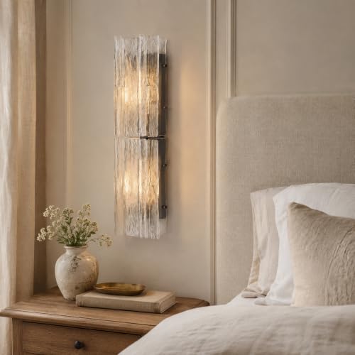 Image of 30 Inch Water Ripple Glass Wall Sconce, Hardwired Black Sconce, Included Bulb