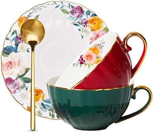 ONEUSTAR Bone China Tea Cups and Saucers Set of 2 Floral English Teacup with Spoon Coffee Cups Cappuccino Espresso Latte Mug for Birthday Wedding Gift