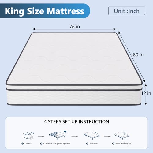 Image of FDW 12 Inch King Mattress,Hybrid Mattress Memory Foam & Innerspring, Premium Foam Mattress,Pressure Relief,CertiPUR-US Certified,Medium Firm,White