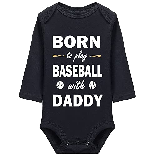 Image of Born to Play Baseball with Daddy Funny Long Sleeve Baby Birth Announcement Bodysuit