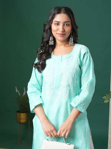 Image of Ada Hand Embroidered Lucknowi Chikankari Cotton Kurta for Women A133488 | Handcrafted lucknow chikan embroidery latest womens ethnic wear kurti tunic for office work wear