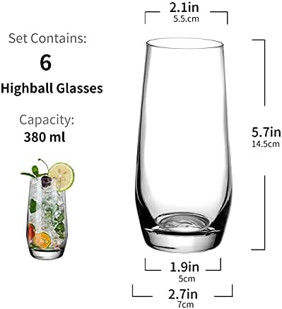 Amisglass Highball Glasses Set of 6, 100% Lead Free Premium Crystal Clear Drinking Glasses, Clear Water Glasses with Heavy Weighted Base for Mixed Drinks, Water and Juice - 380ml