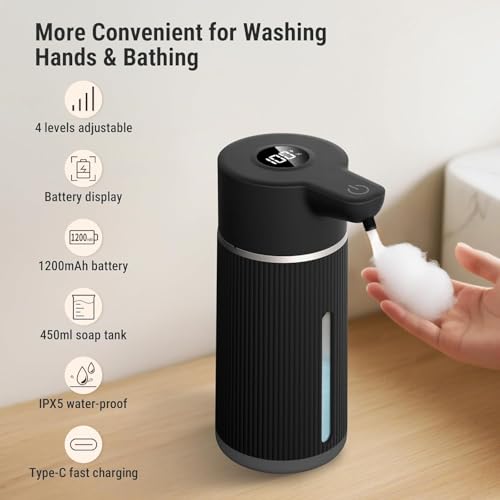 Image of Automatic Soap Dispenser, Rechargeable Sensor Hand Wash Dispenser with Digital Electricity Screen, 450ML Large Capacity, 4-Speed Adjustable Auto Foaming Dispenser for Bathroom (Black)