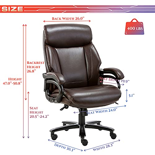 Colamy High Back Big & Tall Office Chair 400Lb Large Executive Desk Computer Swivel Chair For Heavy People, Bonded Leather Heavy Duty Metal Base Adjustable Tilt Tension Ergonomic Design, Brown #TOP4