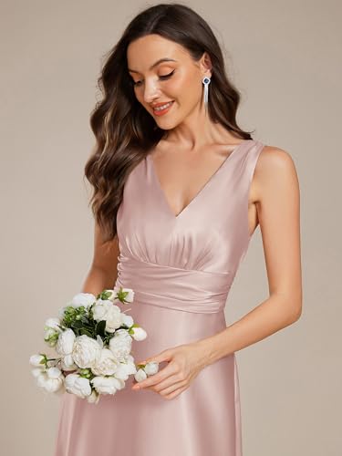 Image of Ever-Pretty Women's Spring Satin V Neck Formal Wedding Guest Dress Floor Length Empire Waist Prom Dresses with Pockets