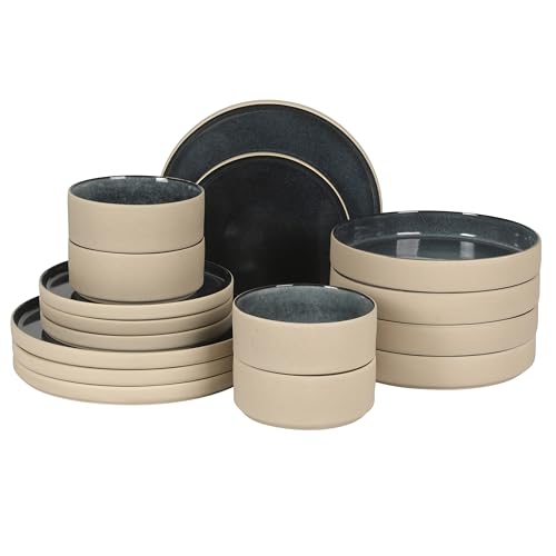 Image of Gibson Elite Liberty Bay 16-Piece Pottery Clay Stoneware Dinnerware Set - Blue Reactive Glaze, Stackable Plates and Bowls W /Pasta Bowl, Service for 4 - Microwave & Dishwasher Safe