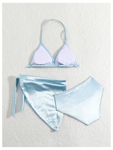 SHENHE Girl's 3 Piece Metallic Bathing Suit High Waisted Halter Triangle Bikini Set with Cover Up2
