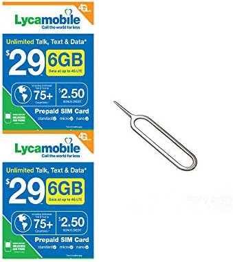 (2 Pack) Lycamobile $29 Plan 6GB of High-Speed Data (Then Unlimited Normal Data) Micro/Nano/Standard 4G/3G/2G LTE Nationwide Talk/Text/Data 75+ Countries Sim Card Prepaid 30x2=60 Days + Free Pin Tool