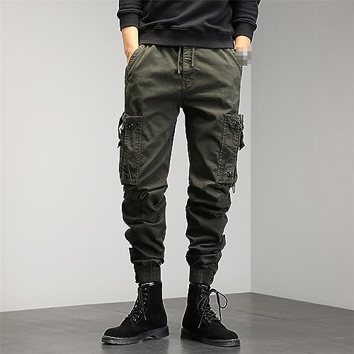 Hndudnff Men's Multi-Pocket Pants Casual Cotton Cargo Pants Drawstring Ankle Length 9 Part Trousers2