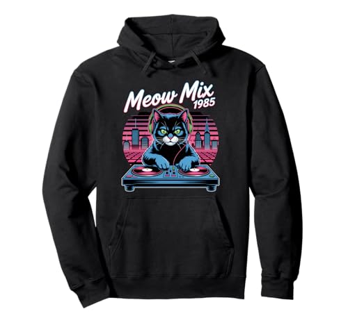 DJ Cat Retro Synthwave Meow Mix 1985 Night City Pullover Hoodie
