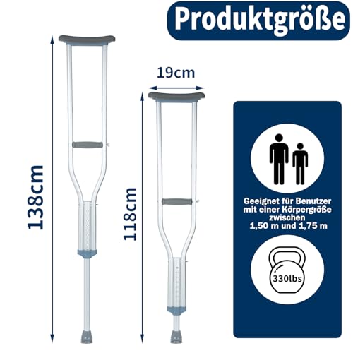 OUUTMEE Achselkrücken 2 Stück Unterarmgehstütze Höhenverstellbar Erwachsene Krücken, Höhenverstellbereich:118~138 cm, Maximale Tragfähigkeit 150 kg (Grau, Mittel)