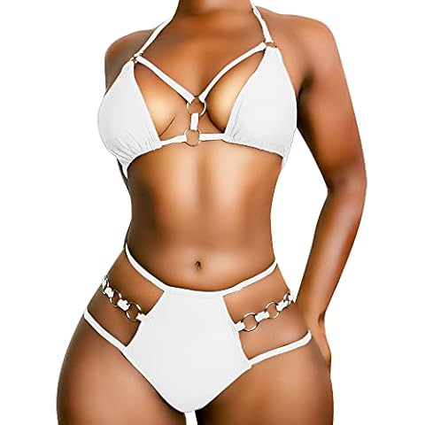 EJsoyo Womens Sexy Thong Bikini Swimsuits String Push up Padded Bathing Suit 2 Piece Cheeky Swimwear with Metal Ring, 1-white, Small Cover
