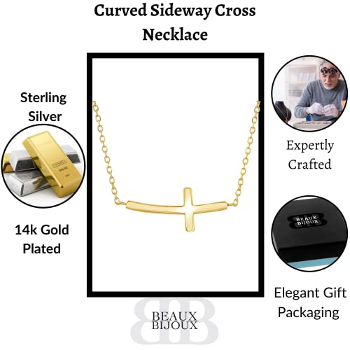 Beaux Bijoux Sterling Silver 14k Gold Plated Sideways Cross Necklace | Confirmation and Communion Jewelry | Curved Cross Pendant for Women2