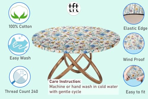 Image of The Furnishing Tree Elastic Cotton Round Dining Table Cover 54x54 in Inches Floral Golden Leaf on offwhite Base