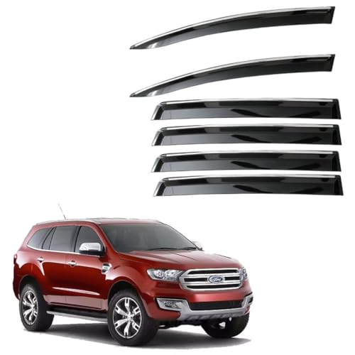 Image of CAR SAAZ Unbreakable Chrome Smoke Door Visor for Endeavour Type 3&4 (2016-2019) | Premium Sun, Rain Wind Deflector Chrome Strip Side Door Rain Visor - Set of 6 Pcs