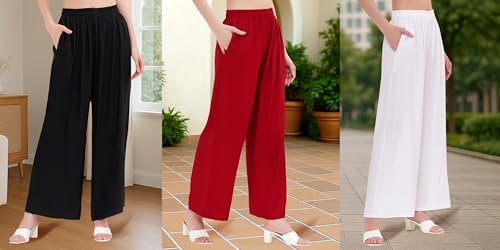Image of Buy That Trendz Palazzo Pants for Women Rayon Elasticated Regular Fit Flared Wide Leg M to 6XL Pack of 3