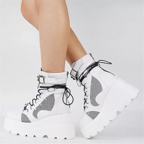 SACFOF Platform Ankle Boots for Women Chunky High Heel Booties Buckle Goth Round Toe Combat Boots Women Lace Up Motorcycle Wedges Boots2