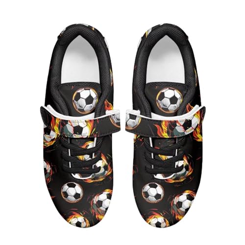 Pointodoor Boys Fire Soccer Cleats Size 2 Big Fashion Low Top Leather Trainer Sneakers Comfort Lace Up Football Shoes with Hook and Loops