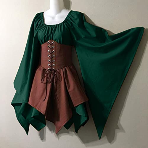 Robe médiévale avec manches trompette et corset ajustable marron