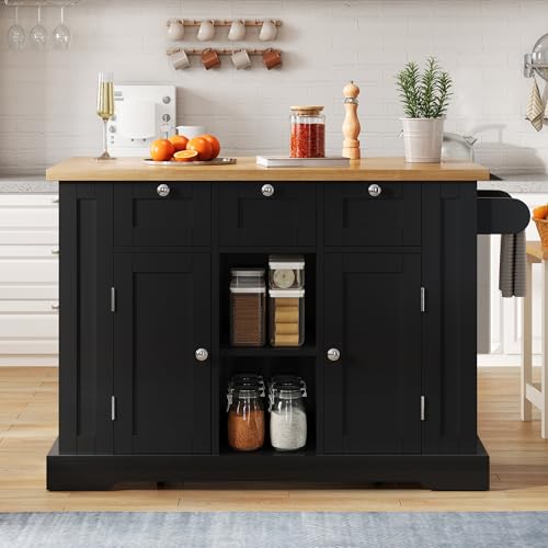 Becag Carrito de Cocina con Ruedas, Carrito de Cocina de Isla con cajones y Espacio de Almacenamiento, Armario Multifuncional con Enchufe Integrado, 132 x 40(70) x 87 cm, Negro