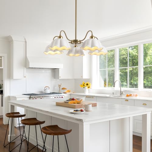 Image of 5-Light Gold Sputnik Chandelier Semi Flush Mount Chandelier Mid Century Modern Sputnik Chandelier with White Ceramic Shade Living Room Finish Brass Chandelier