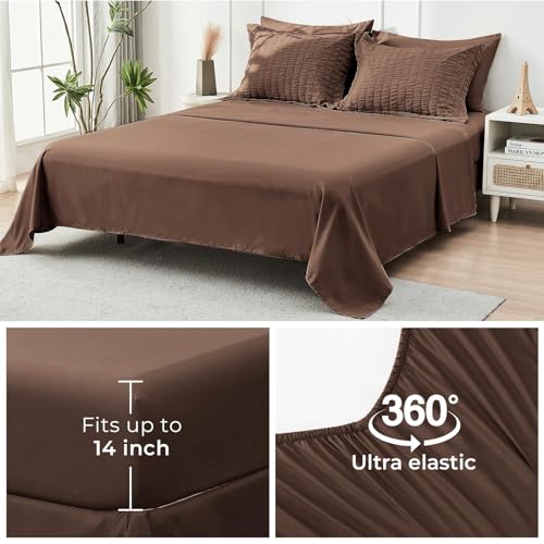 Image of HYMOKEGE Dark Brown King Size Comforter Set Seersucker 7 Pieces, All Season Luxury Bed in a Bag for Bedroom, Bedding Set with Comforter, Sheets, Pillowcases & Shams
