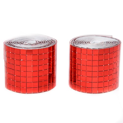 Red Self Adhesive Glass Mirror Mosaic Tiles, 2 Rolls 3200 Pieces Disco Ball Tiles for DIY Craft, Interior, Art Collage, Card Making, Cups 5 x 5 mm
