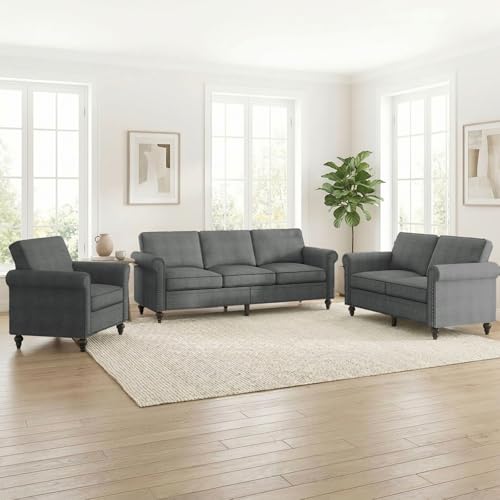 Image of ijuicy 3 Pcs Sectional Sofa Set for Living Room-Modern Linen Upholstered Couch Set with 5 inch Thick Cushion & Nailhead Trim, Living Room Furniture Sets-Armchair, Loveseat, 3 Seat Sofa(Dark Gray)