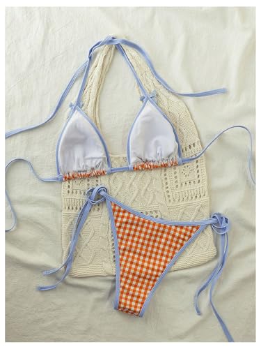 GORGLITTER Women's Two Piece Gingham Bikini Sets Bow Halter Triangle Swimsuit Tie Side Bathing Suit2