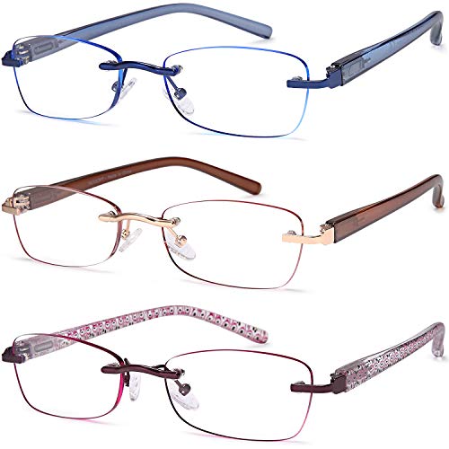 3-Pack Rimless Reading Glasses for Women, 1.5 Lightweight Computer Readers with Comfort Spring Hinge Eyeglasses