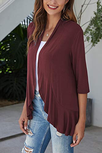 Image of Bluetime Women Casual Lightweight Open Front Cardigans Soft Draped Ruffles 3 /4 Sleeve Cardigan (S-3XL)