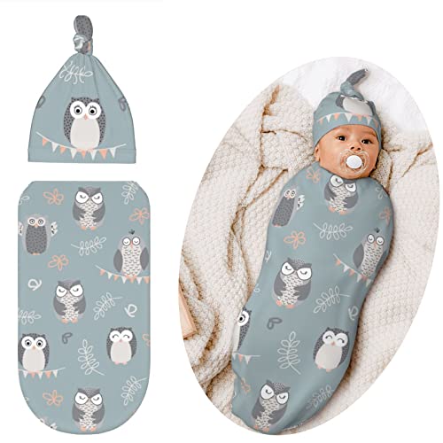 Image of Qwalnely Owl Swaddle Blanket for Baby, Owl Swaddling Baby Stuff with Hat
