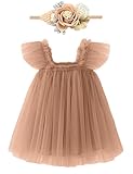Baby Girl First Birthday Outfit Cake Smash Short Sleeve Tulle Dresses 1st Birthday Dress with Flower Headband, Brown, 12 Months=Tag 90