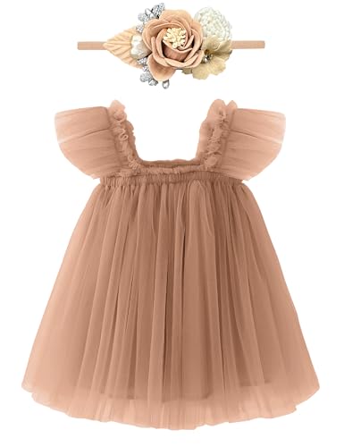 Baby Girl First Birthday Outfit Cake Smash Short Sleeve Tulle Dresses with Flower Headband, Brown, 18 Months=Tag 100