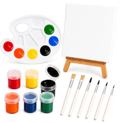 Kit de Pintura Artístico Completo Infantil e Hobby com Paleta 10 Cavidades, 6 Tintas Guache Coloridas, Tela 15x15 cm, Cavalete de Madeira e 6 Pincéis Variados