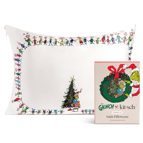The Grinch x Kitsch Satin Pillowcase with Zipper for Hair & Skin - Softer Than Silk Pillow Cases Machine Washable Cooling Satin Pillow Case Wrinkle-Free Pillow Cases Standard Size 19x26 Who-Ville