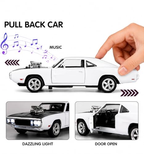 Image of 1970 Classic Muscle Car Diecast Model Car 1:32 Scale - Pull Back Alloy Toy Car with Sound & Light, Openable Doors Hood & Trunk (1:32 - Fast & Furious Dodger Metal Car)
