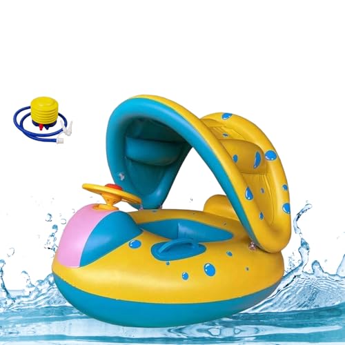 NMM Baby Schwimmring mit abnehmbarem sonnendach, Baby Schwimmhilfe mit Sonnenschutz, Schwimmring mit Fußpumpe, Lenkrad, Hupe, Swimming Float für ab 3-36 Monate