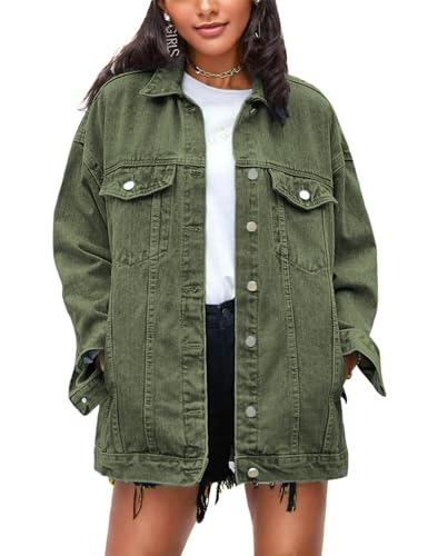Omoone Women's Oversized Mid Long Denim Jacket Jean Biker Coat(0199-Green-S)