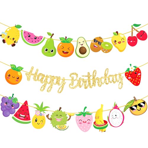 Image of Fruit Theme Birthday Banners Tutti Frutti Party Gold Happy Birthday Banners Summer Fruit Hanging Decoration for Watermelon Strawberry Theme Birthday Party Supplies