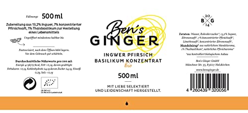 Foto von Ben's Ginger Bio Ingwerkonzentrat mit Thai Basilikum & Pfirsich Saft – Für Getränke wie Cocktail, Limonade, Tee – Natürlich, fruchtig & exotisch - Fruchtiger Ingwertraum - 500 ml