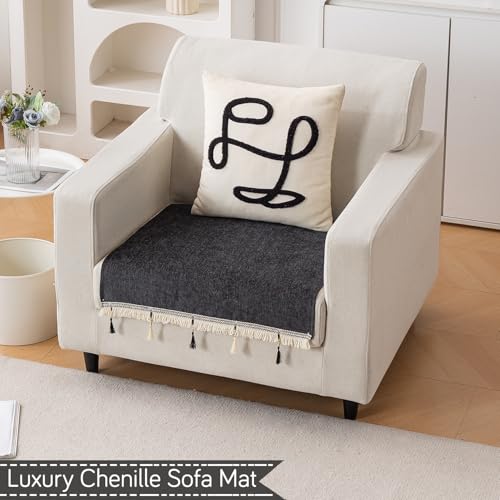 Image of HOKIPO 'Serenity Tassel' Chenille 1 Seater Sofa Cover with Tassel - Midnight Graphite (IN-890-DGRY)