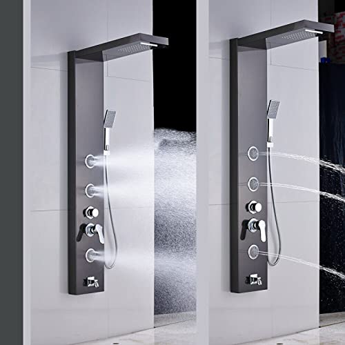 Panel de ducha de torre en acero inoxidable con sistema de lluvia y cascada, grifo de 5 funciones y masaje corporal con chorros miniatura 3