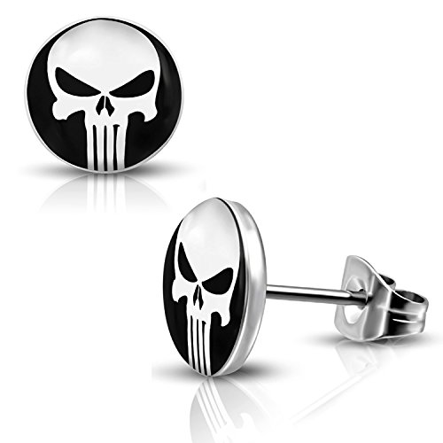 Stainless Steel Punisher Skull Round Circle Button Stud Post Earrings2