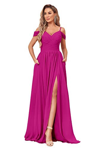 Image of BOLENSYE Off the Shoulder Bridesmaid Dresses with Pockets Ruched Chiffon Long Slit Formal Evening Gown