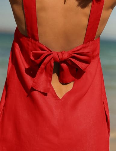 Image of Lumister Womens Lightweight Cotton Linen Dress Sleeveless Crew Neck Back Bow Summer Mini Dresses with Pocket Red